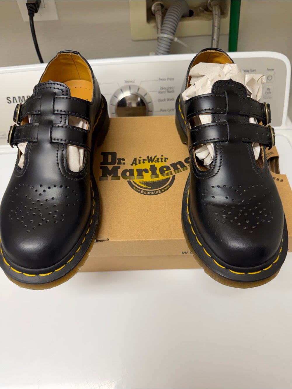 Dr. Martens Kids Black Leather T-Bar Shoes with Yellow Stitch
